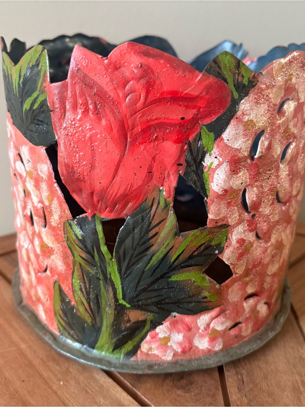 Vintage Metal Toleware Planter Hand Painted Pink Tulip Hydrangeas 6”x7” Flowers